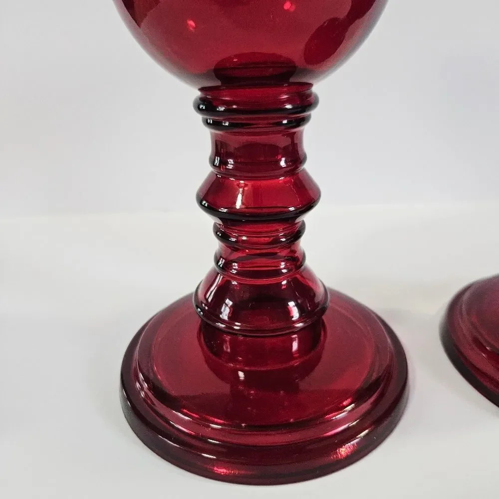 Vintage Large Tall Red Cranberry Blown Glass Pedestal Candle Holders Set of Two